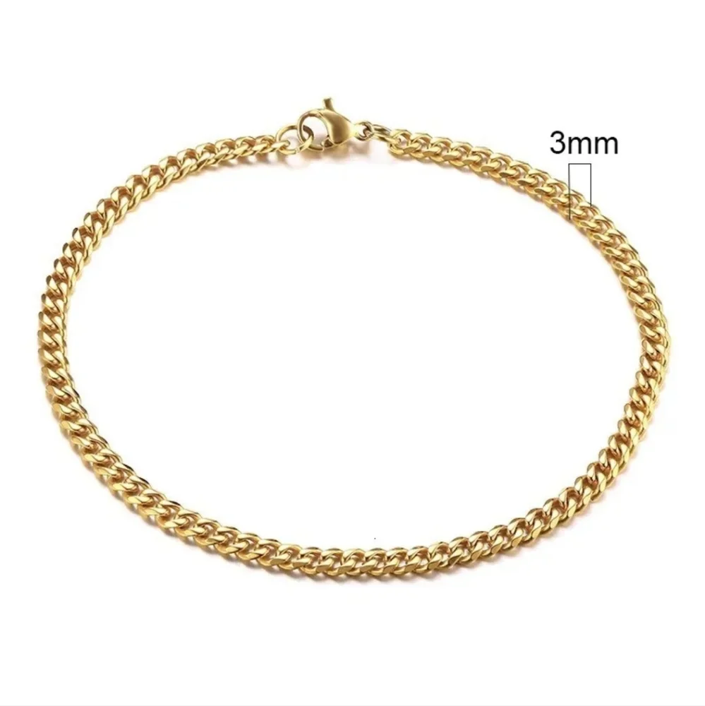 Gold Stainless Steel 3mm Curb Cuban Chain Link Bracelet Unisex Mens Womens Slim